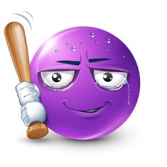 a purple ball with eyes and a baseball bat in it's hand is crying