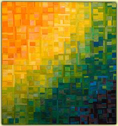 an abstract painting with many different colors and patterns on it's surface, including yellows, oranges, and greens