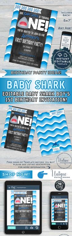 Baby Shark doo doo doo Birthday party! Baby Boy Shark Birthday invitation. ANY AGE! Set up for First Birthday or Shark turning one, but editable! Ahoy! A little Shark Bite is having a birthday! Make a Splash with this Blue Shark theme Birthday Invite! #uniquedigitaldesigns #instantaccess #editable #corjltemplate #VirtualParty #PartyTheme #PartyPlanner #PartyIdeas #Invitation #Birthday #BirthdayIdeas #BirthdayParty #Boy #Sharks #Shark #SharkWeek #SarkParty #babyshark Planing Ideas, Shark Birthday Invitation, Shark Themed Party, Shark Birthday Invitations, Baby Shark Birthday, 1st Birthday Invite, Baby Shark Doo Doo, Planes Party, Printable Decorations