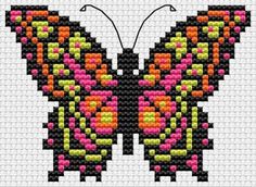 a cross stitched butterfly with pink, yellow and orange colors on it's wings