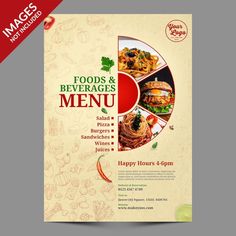 a flyer for a restaurant with food and beverages on the menu, it is ready to be