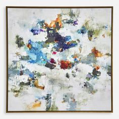 an abstract painting with blue, orange and white colors on it's surface in a gold frame