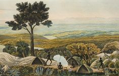 an old painting shows people camping in the wilderness