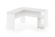 a white desk with two open shelves on the front and back sides, against a white background