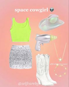 an image of a woman's outfit and accessories on pink background with space cowgirl