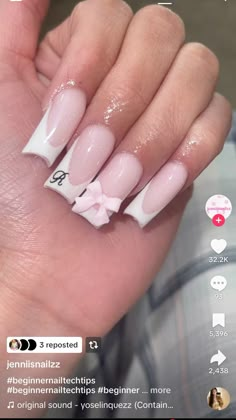 Short Nails With Bow Charm, R Initial Nails, Franche Nails, Nail Tips Ideas, Type Of Nails, Future Nails, Quinceanera Nails, My Ideal Type, Nails Coffin Short