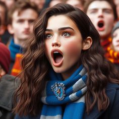 a woman with her mouth open in front of a group of people wearing scarves