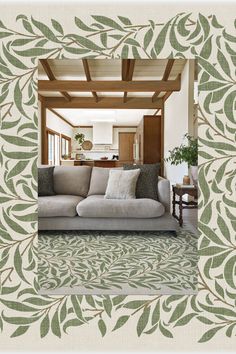 a living room filled with furniture and a wooden ceiling above an area rug that has leaves on it