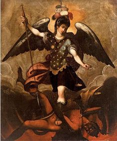 an angel is standing on top of a horse and holding a spear in its hand