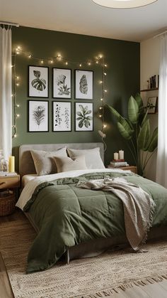 a bedroom with green walls and pictures on the wall above the bed in front of it