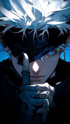 an anime character with white hair and blue eyes holding his finger up to the side