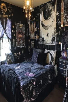 A spectrum of whimsy goth bedroom ideas, showcasing a range from dreamy to dramatic decor, blending gothic and whimsical elements. Goth Witch Bedroom Aesthetic, Whimsical Goth Bedroom Decor, Dark Room Design Ideas, Small Bedroom Ideas Dark Colors, Small Gothic Bedroom, Gothic Aesthetic Bedroom, Dark Witchy Bedroom, Victorian Goth Bedroom, Gothic Room Decor Ideas