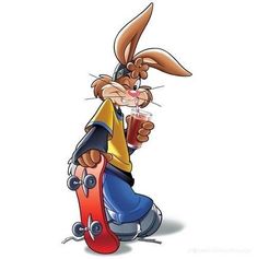 a cartoon rabbit holding a drink and sitting on a skateboard