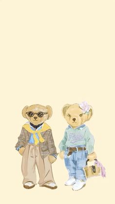 two teddy bears dressed in clothes standing next to each other on a beige background, one wearing sunglasses and the other holding a purse