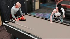 two people are playing pool in an animated video game, with one person reaching for the ball