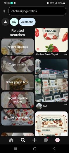 an iphone screenshot shows the menus and food items on the app, including yogurt