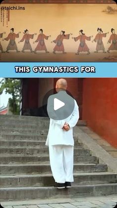 a man in white clothes standing on steps with his arms crossed and the words this gymnastics for