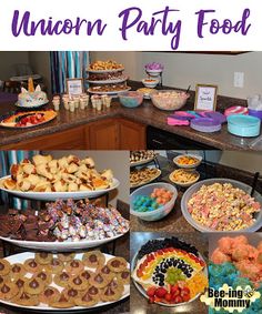 an assortment of desserts and snacks are displayed in this collage with the words, unicorn party food