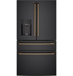 a black refrigerator freezer with gold trimmings and two doors on the front