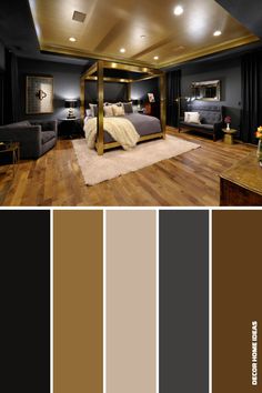 a bedroom with wood floors, black walls and gold accents on the ceiling is featured in this color scheme