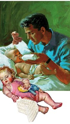 a painting of a man feeding his baby some milk from a bottle while another child lays on the bed