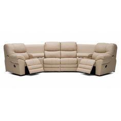 the reclining sectional sofa is shown with two seats and one arm rests on it's back