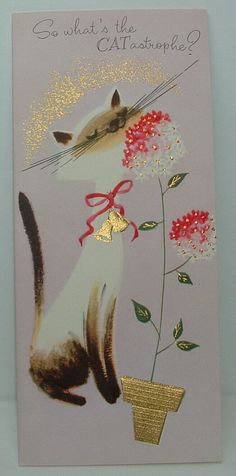 a greeting card with a cat holding a flower in it's mouth and the caption says, go what's the cat atmosphere?