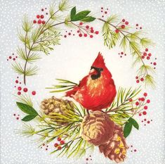 a red bird sitting on top of a pine cone surrounded by berries and pine cones