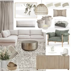 a living room filled with furniture and decor in shades of beige, grey, and white