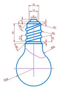 a drawing of a light bulb with measurements on the top and bottom, in blue ink