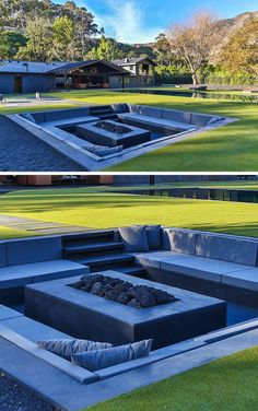 two pictures of a fire pit in the middle of a field with grass and trees