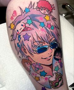 an anime character with sunglasses and stars on his leg is featured in this colorful tattoo