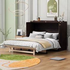 a bed sitting on top of a hard wood floor