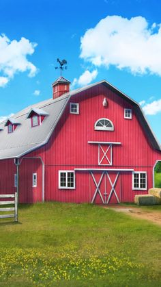 a painting of a red barn on a sunny day