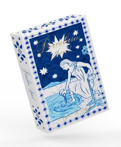 a white and blue box with an image of a woman in the water on it