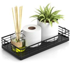 a black tray holding two rolls of toilet paper and some plants