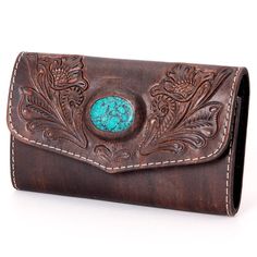 From Our Newest Line Of American Darling Bags, This Amazing Boho, Leather Wallet. Grab This Wallet To Match Up With The The Dreamer Leather Woven Bag. This Piece Measures 8” X 5”. This Totally Unique Wallet Features A Leather Decorative Front With Center Turquoise Stone With Main Fold Over Closure At Top And Zipper Pocket In Middle Interior. Boho Wallet, Tooled Leather Wallet, Western Handbags, Unique Wallets, Handmade Wallets, Leather Floral, Hand Tooled Leather, Western Leather, Tooled Leather