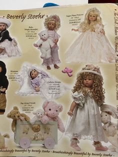 an open book with pictures of dolls and teddy bears