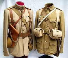 For comparison: The smooth cotton frock on the left was worn by Captain William Murray-Threipland 3rd Battalion, Grenadier Guards, Sudan 1898, South Africa 1899-1901. A stark contrast to the late war appearance of the officers serge (and kit) on the right. Threipland later became the first Commanding Officer of the Welsh Guards, upon their formation in 1915. (Photo: James Holt collection) Military Suit, Cotton Frock, Frock Coat, Military Uniforms