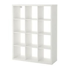 a white bookcase with six cubes on the front and four shelves below it