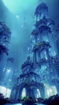 a futuristic city in the sky with trees growing out of it