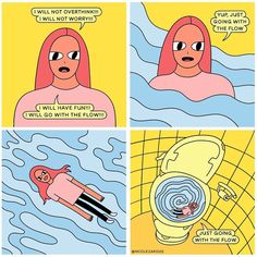 a comic strip with an image of a woman floating in the water and another cartoon about how