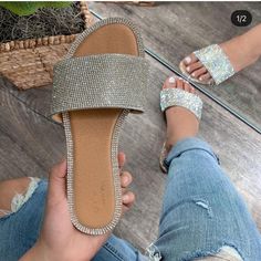 Rhinestone, Sparkly, Never Worn Sparkly Sandals, Women Flat Sandals, Summer Sandals Flat, Crystal Sandals, Rhinestone Flats, Rhinestone Sandals, Summer Flats, Girly Shoes, Cute Sandals