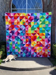 a cat laying on the ground in front of a colorful art piece that looks like it has been made out of triangles