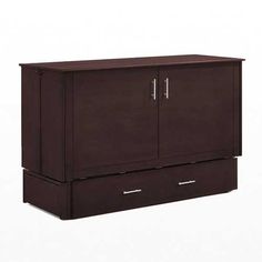 an office cabinet with two drawers and one door on the bottom shelf is shown in dark brown