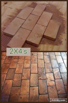 two pictures showing different types of bricks and the same brick flooring material that is being used