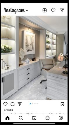 an instagram photo of a living room with white furniture and built - in shelving