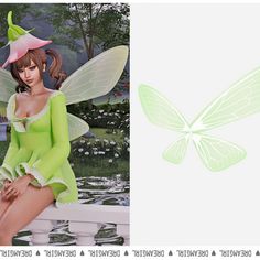 a green fairy sitting on a bench next to a white background and an image of a butterfly