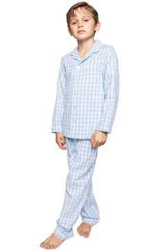 White piping trims the collared top and matching pants of classic pajamas cut in a relaxed fit from brushed gingham fabric for maximum comfort. Meets Consumer Product Safety Commission's flammability standards for children's sleepwear Top has front button closure; chest patch pocket Pants have elastic waist 50% cotton, 50% modacrylic Machine wash, tumble dry Imported Kids' Wear Light Blue Gingham, Classic Pajamas, Plaid Pajama Pants, Plaid Pajamas, Gingham Fabric, Toddler Boy Outfits, Print Pajamas, Blue Gingham, Gingham Print