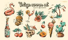 vintage summer set with flamingos, pineapples and other items